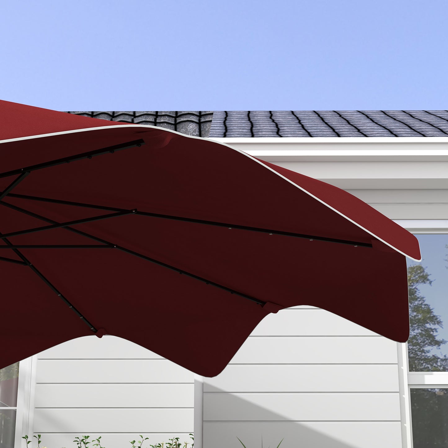 Solar Patio Umbrella with LED and Tilt, Outdoor Market Table Umbrella Parasol with Crank, 10 x 10 ft, Wine Red