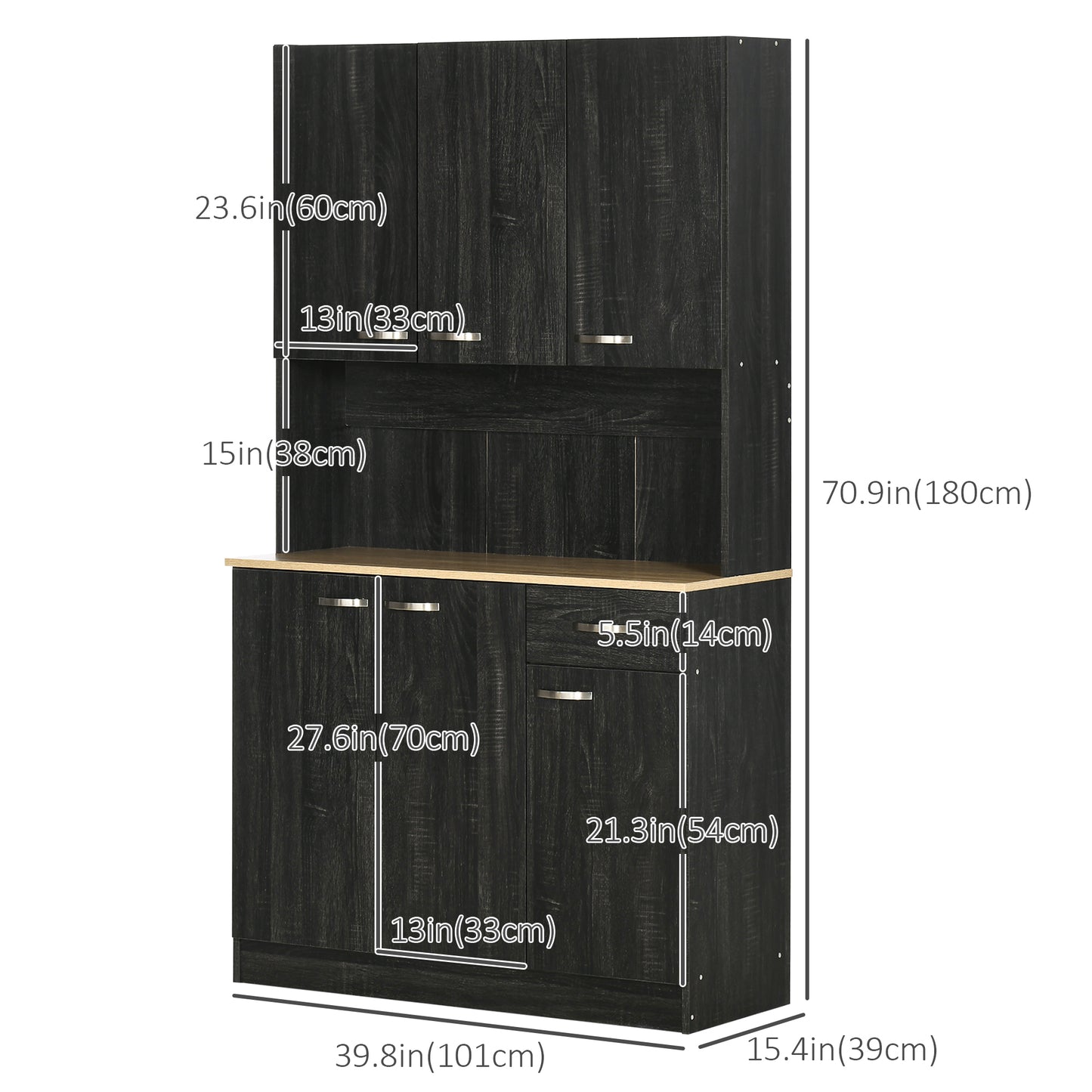 71" Modern Buffet with Hutch, Standing Kitchen Hutch with Storage Cabinets, Drawer, Open Space with Microwave Stand, Black