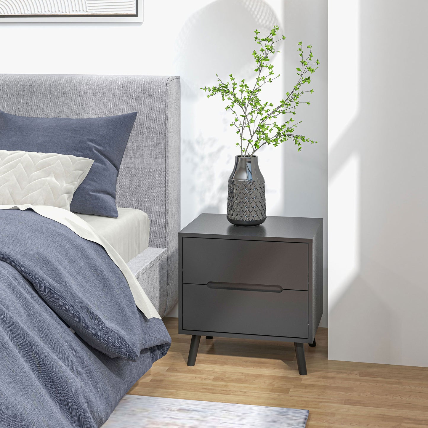 Modern Nightstand, Night Table with 2 Drawers, Bed End Table with Solid Wood Legs for Bedroom