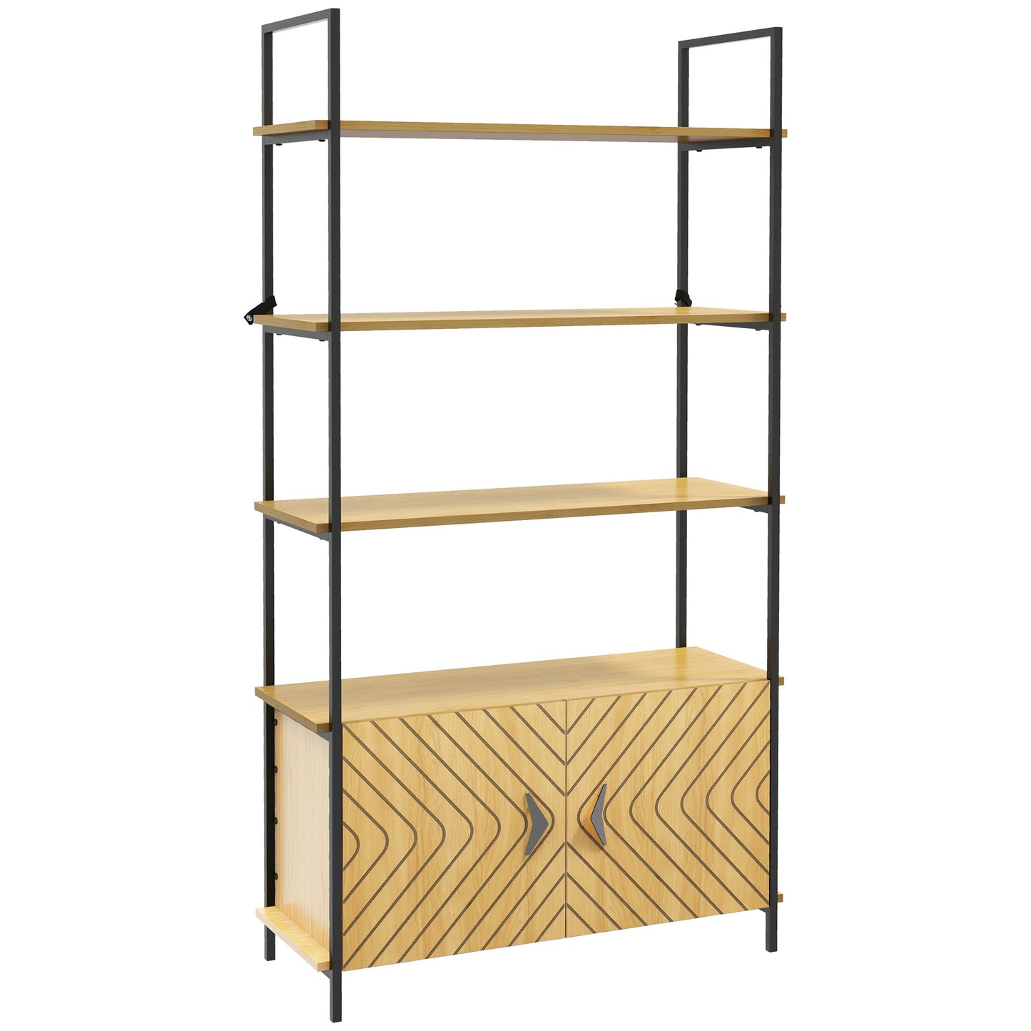 4-Tier Shelving Unit with Double Door Cabinet, Industrial Bookshelf, Storage Rack with Open Shelves and Metal Frame for Living Room, Bedroom, Study, Oak