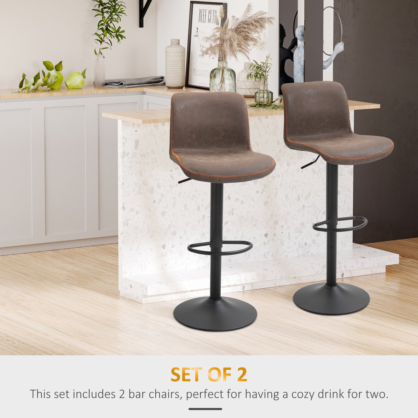 Bar Stools Set of 2, Swivel Counter Height Bar Stools with Adjustable Height and Footrest, PU Leather Upholstered Kitchen Stool for Breakfast Bar, Brown