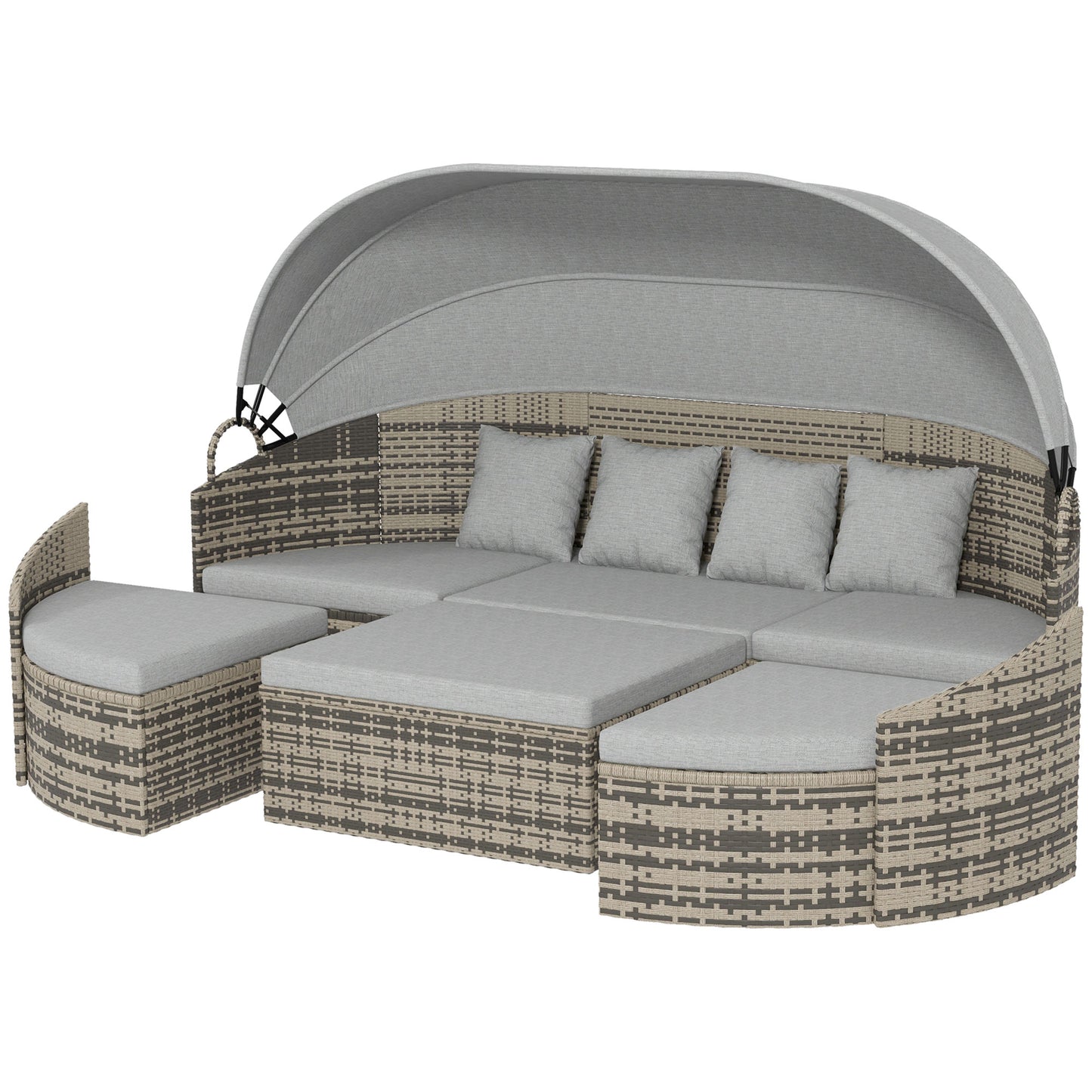 4 Pieces Patio PE Wicker Round Daybed, Outdoor Rattan Garden Lounge Furniture Sets, Light Grey