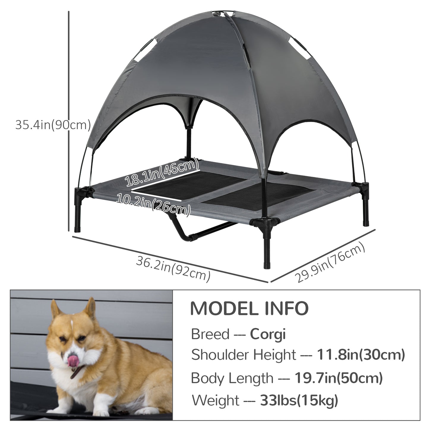 Large Elevated Pet Bed 6.2" L X 29.9" W 36.2" H Foldable Outdoor Cat Dog Canopy Cot w/ Carry Bag Grey