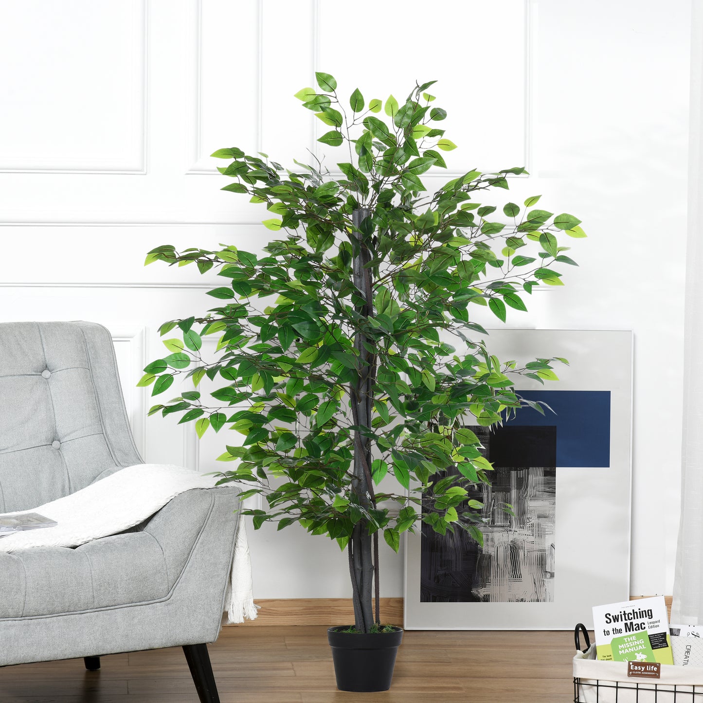 57'' Artificial Banyan Plant Faux Decorative Tree w/ Cement Pot Vibrant Greenery Shrubbery Indoor Outdoor Business Accessory