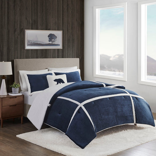 Winter Cabin Plush To Sherpa Comforter Set, Navy Blue