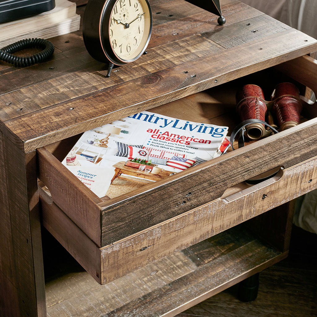 Industrial Wood Nighstand with Drawer and Storage, Light