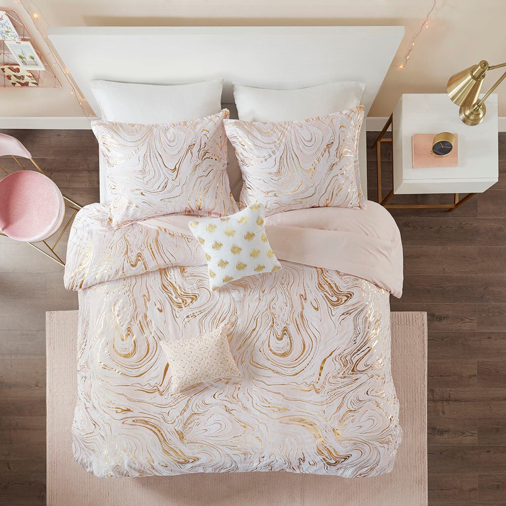 Metallic Marble Swirl 5-Piece Comforter Set, Pink/Gold