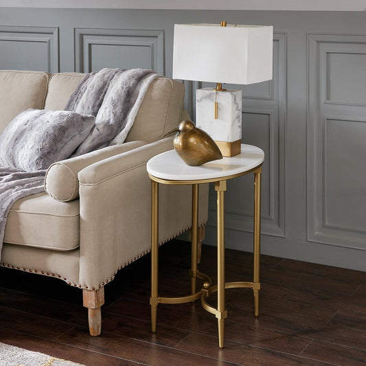 White Marble Tabletop End Table with Gold Base