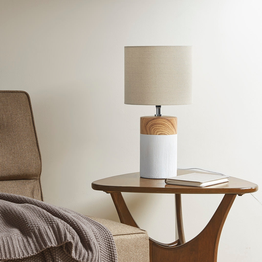 Mid-Century Wood Grain Table Lamp, Matte White