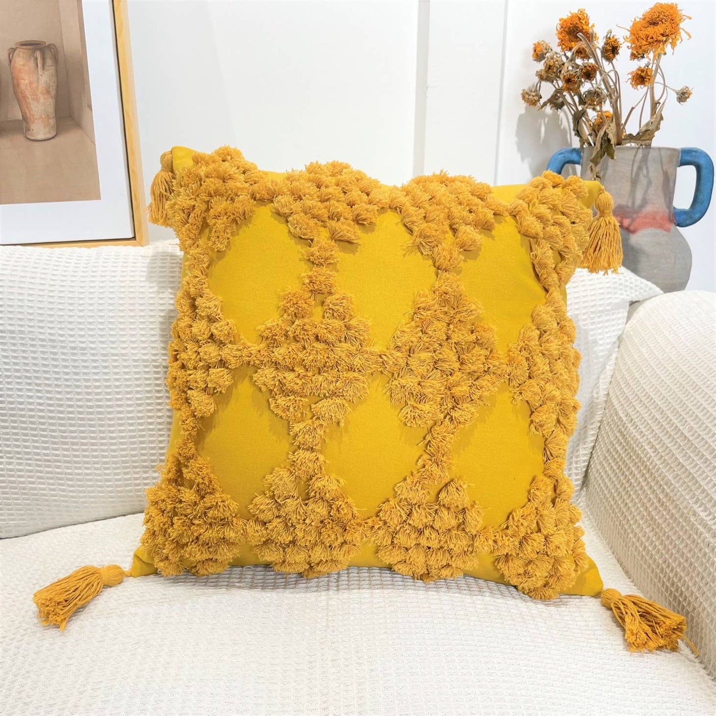 Pure Cotton Custom Boho Tassel Style Tufted Cushion Covers Home Decoration 45x45cm (18 X 18 Inches) D8