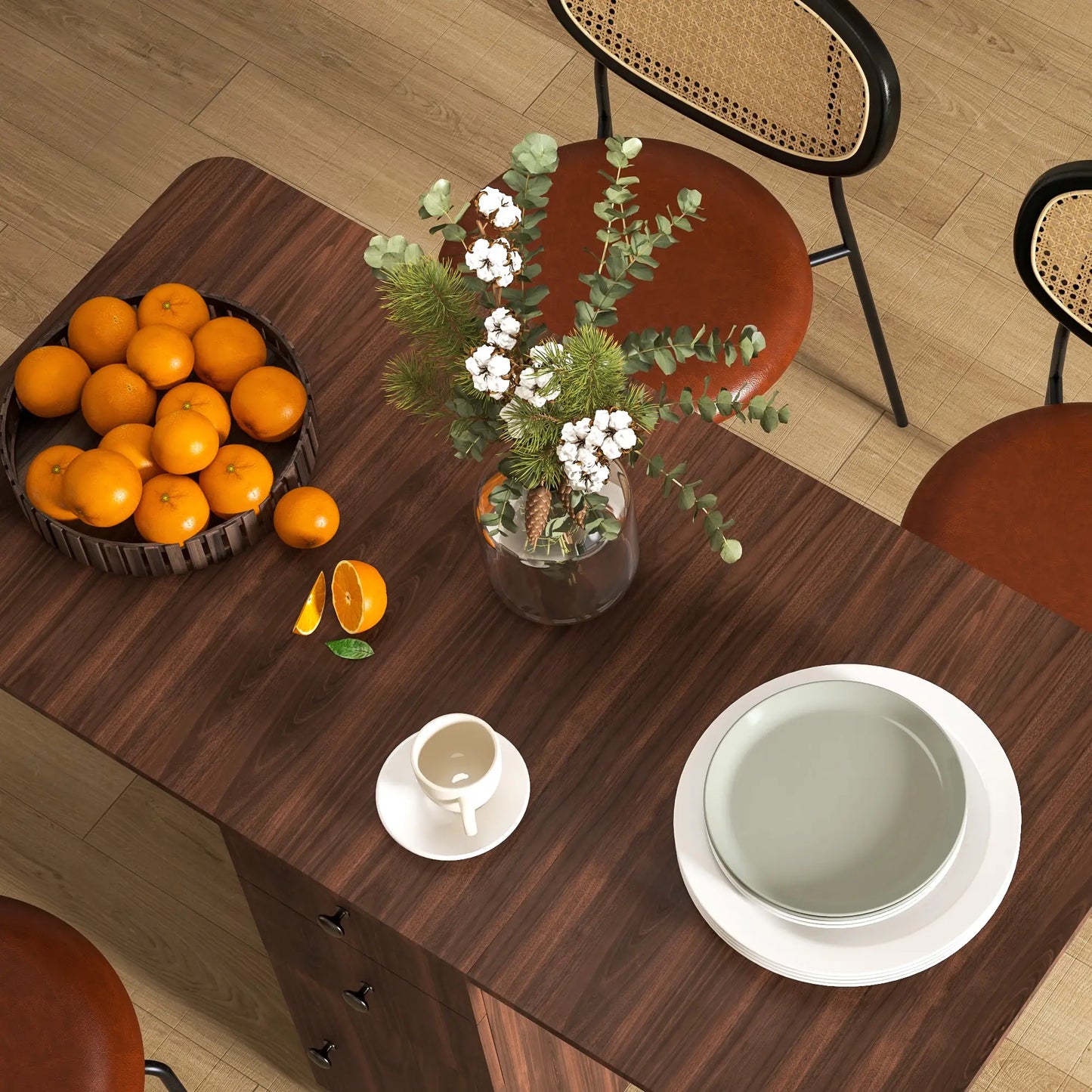 Drop Leaf kitchen Dining Table, on Wheels with Drawers and Cabinet in Brown