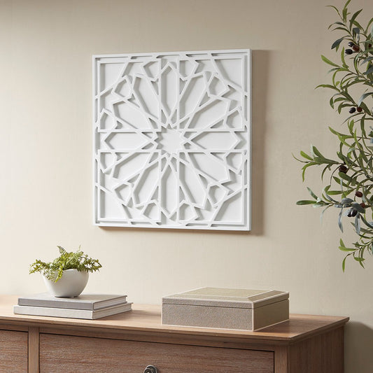 White Boho Wooden Carved Wall Panel Decor