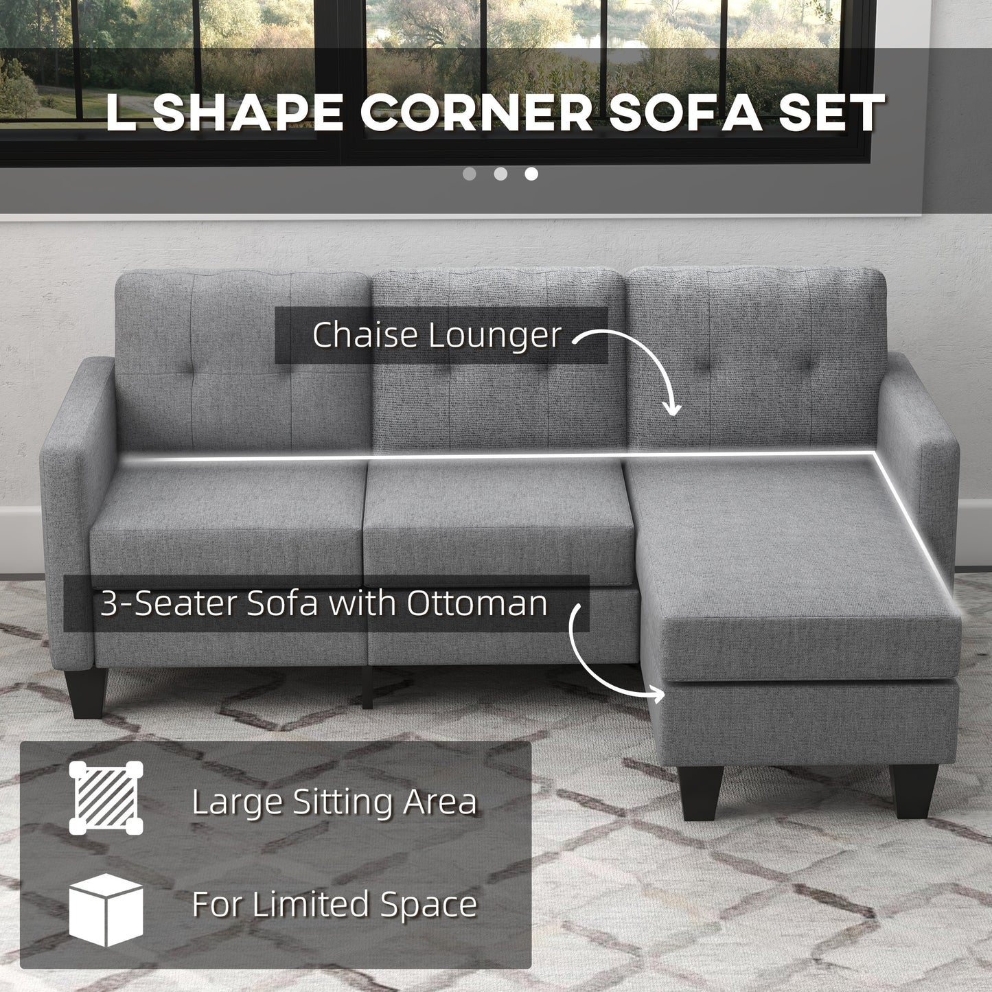 L-shaped 3 Seater Couch with Switchable Ottoman, Corner Sofa with Thick Padded Cushion for Living Room, Light Grey