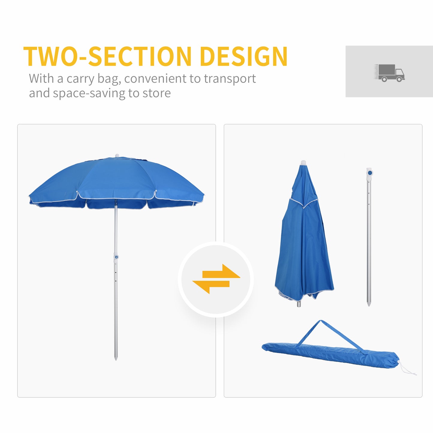 Arc. 6.4ft Beach Umbrella with Aluminum Pole Pointed Design Adjustable Tilt Carry Bag for Outdoor Patio Blue