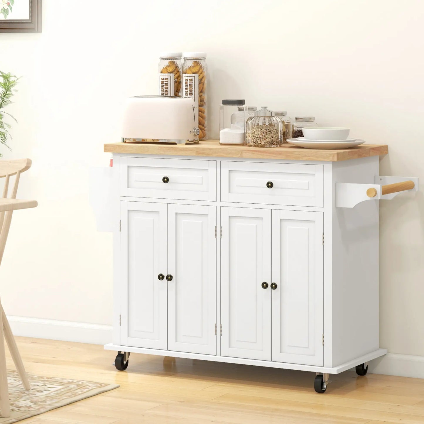 Kitchen Island with Storage, with Rubber Wood Top, Spice Rack, Towel Rack, White