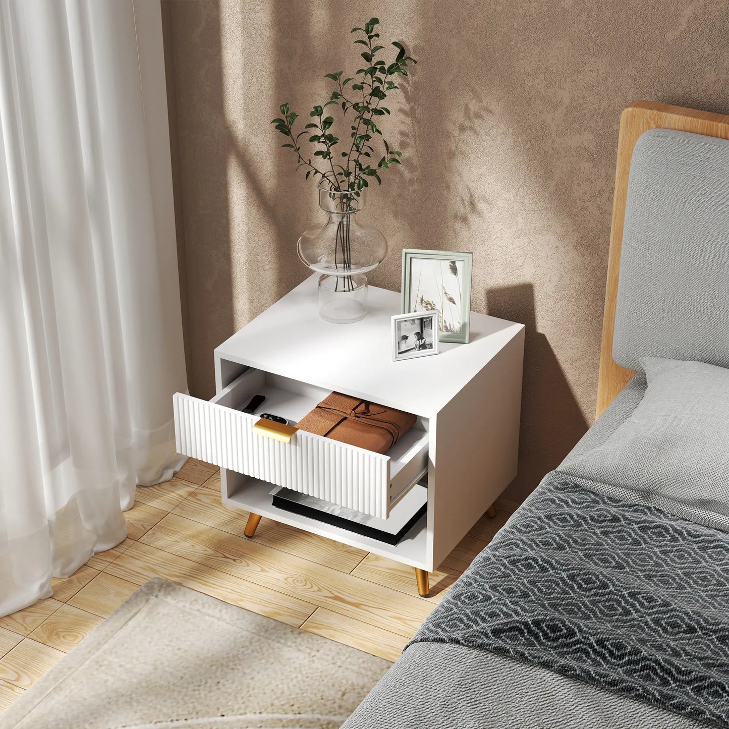 Nightstand with Fluted Panel, Bedside Table with Drawer and Open Compartment in White