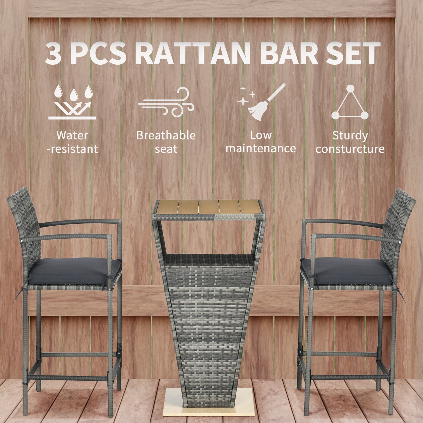 3 Pieces Patio Bar Set, Wicker Bistro Set, PE Rattan Bar Table and Chairs with Soft Padded Cushions, Storage Shelf, Wood Grain Plastic Top, Mixed Gray