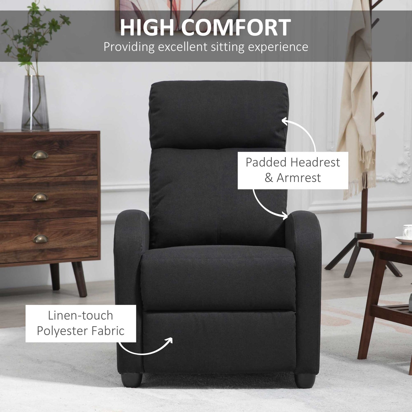 Fabric Recliner Chair, Manual Home Theater Seating, Single Reclining Sofa Chair with Padded Seat for Living Room, Black