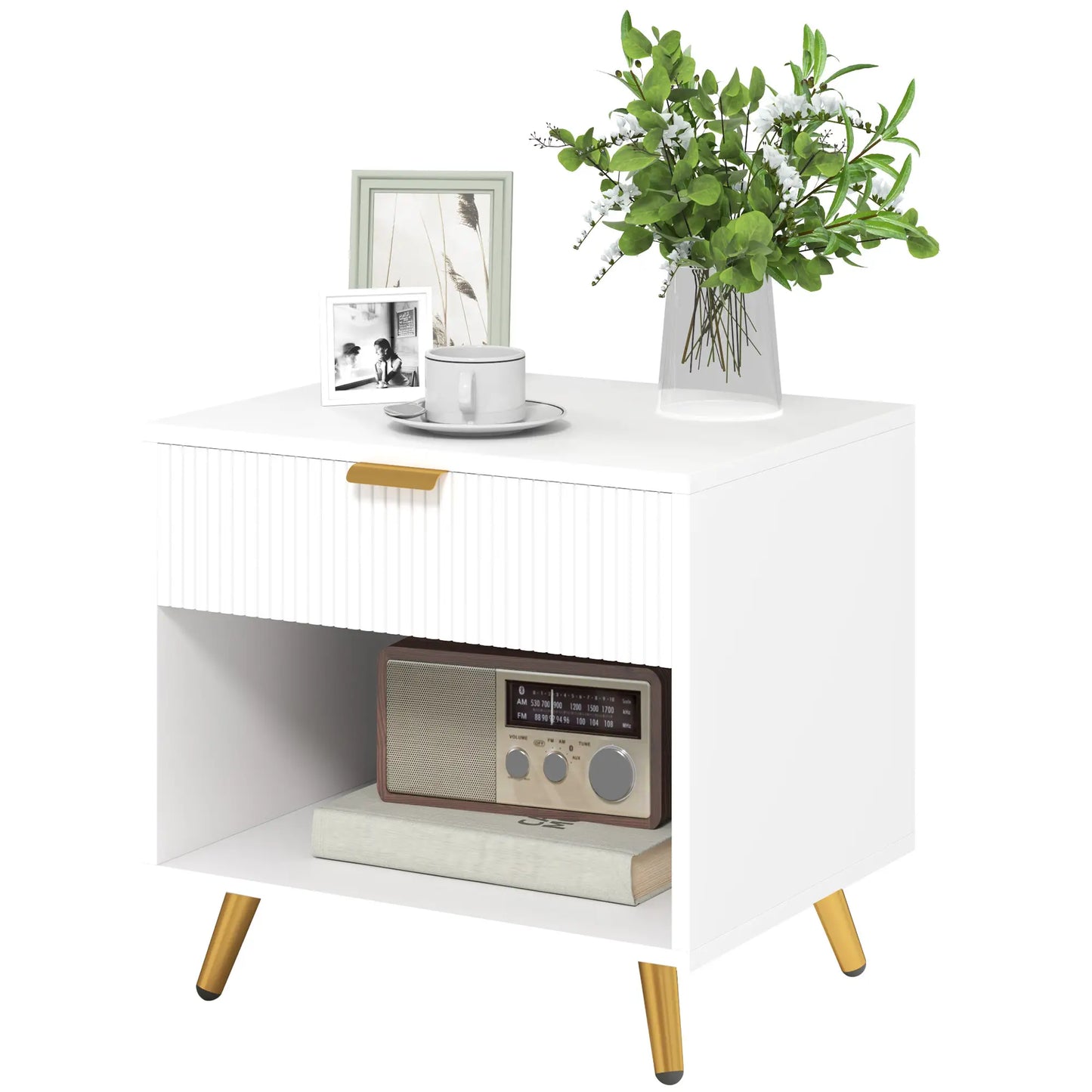 Nightstand with Fluted Panel, Bedside Table with Drawer and Open Compartment in White