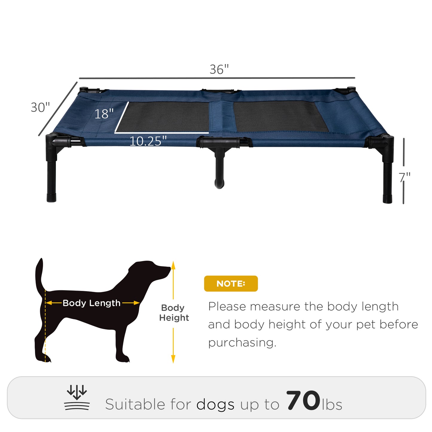 Elevated Dog Bed, Dog Cot Bed, Cooling Raised Pet Cot Indoor Outdoor with Washable Breathable Mesh, No-Slip Plastic Feet, 36" x 30", Blue