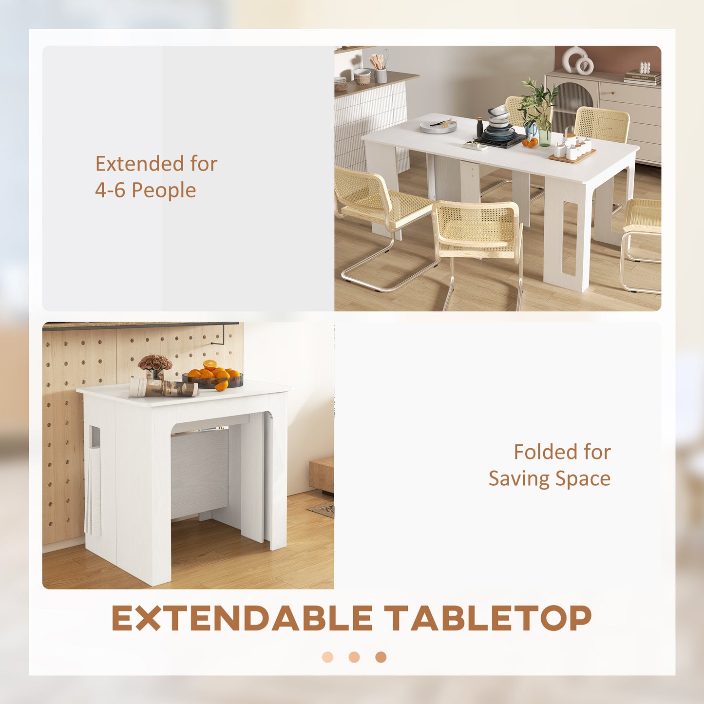 Foldable Table, Extendable Dining Table, Kitchen Table for Small Spaces, Seats up to 6 People, White