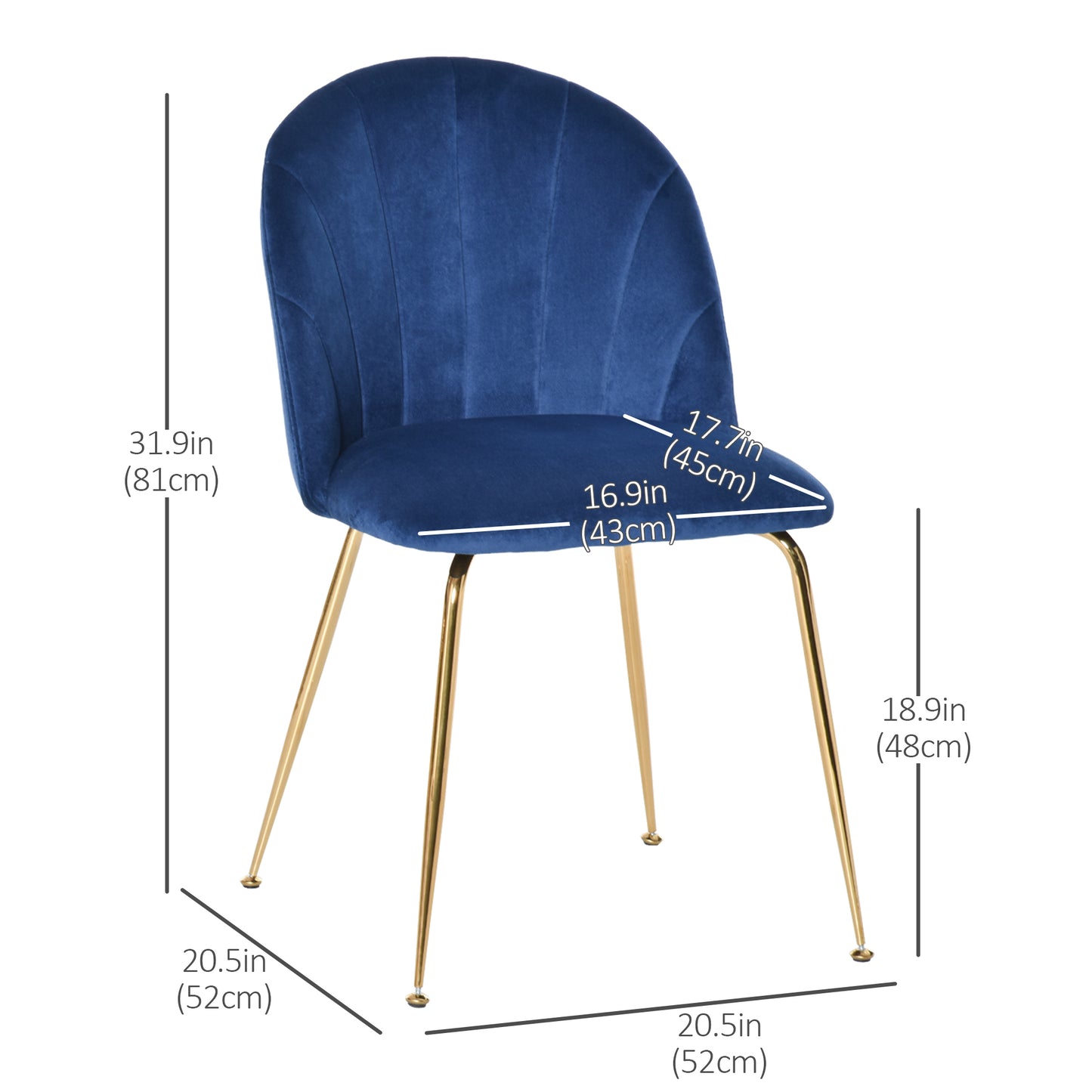 Modern Dining pr accent Chairs Set of 2, Upholstered, with Gold Metal Legs in Blue