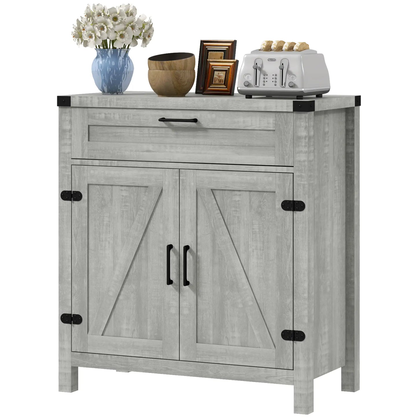 Farmhouse Kitchen Storage Cabinet or Entryway with 2 Rustic Barn Doors and Drawer, Light Grey