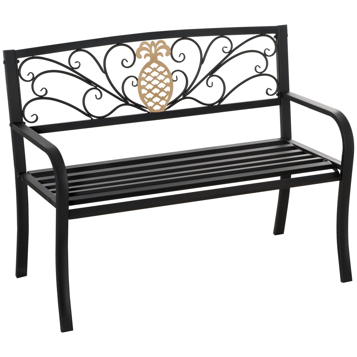 Outsunny 2 Seater Garden Bench 45" x 21.75" x 35.5" Steel Frame Loveseat for Yard, Lawn, Porch, Patio, Black and Gold