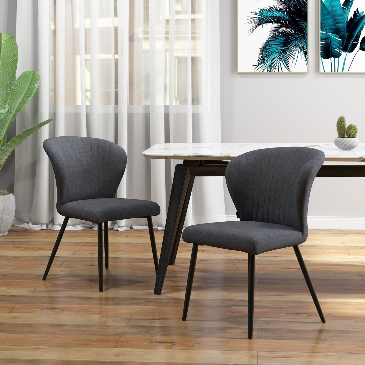 Modern Dining Chairs Set of 2, Linen Upholstered Kitchen Chairs with Channel Tuft Backrest, Padded Seat and Steel Legs, Dark Grey