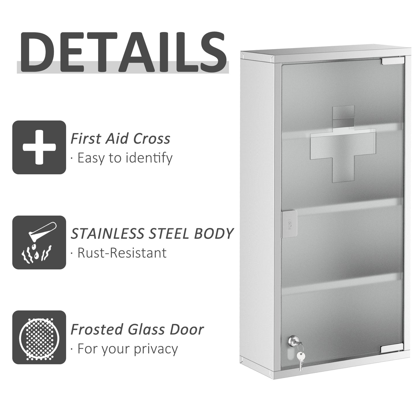 Stainless Steel Medicine Cabinet 4 Tier Frosted Door Lockable w/ 2 Keys Wall Mount First Aid Unit Home Safety Box