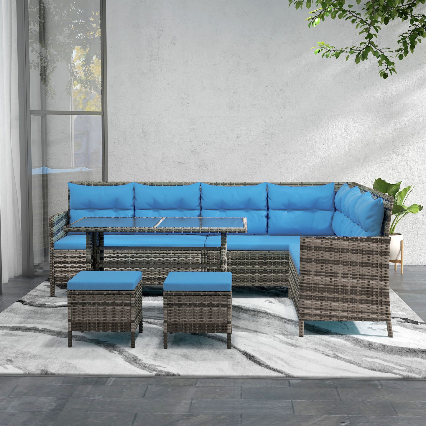 6pcs Outdoor Rattan Sofa Set Garden Wicker Sectional Couch Furniture Set with Dining Table and Chair Blue