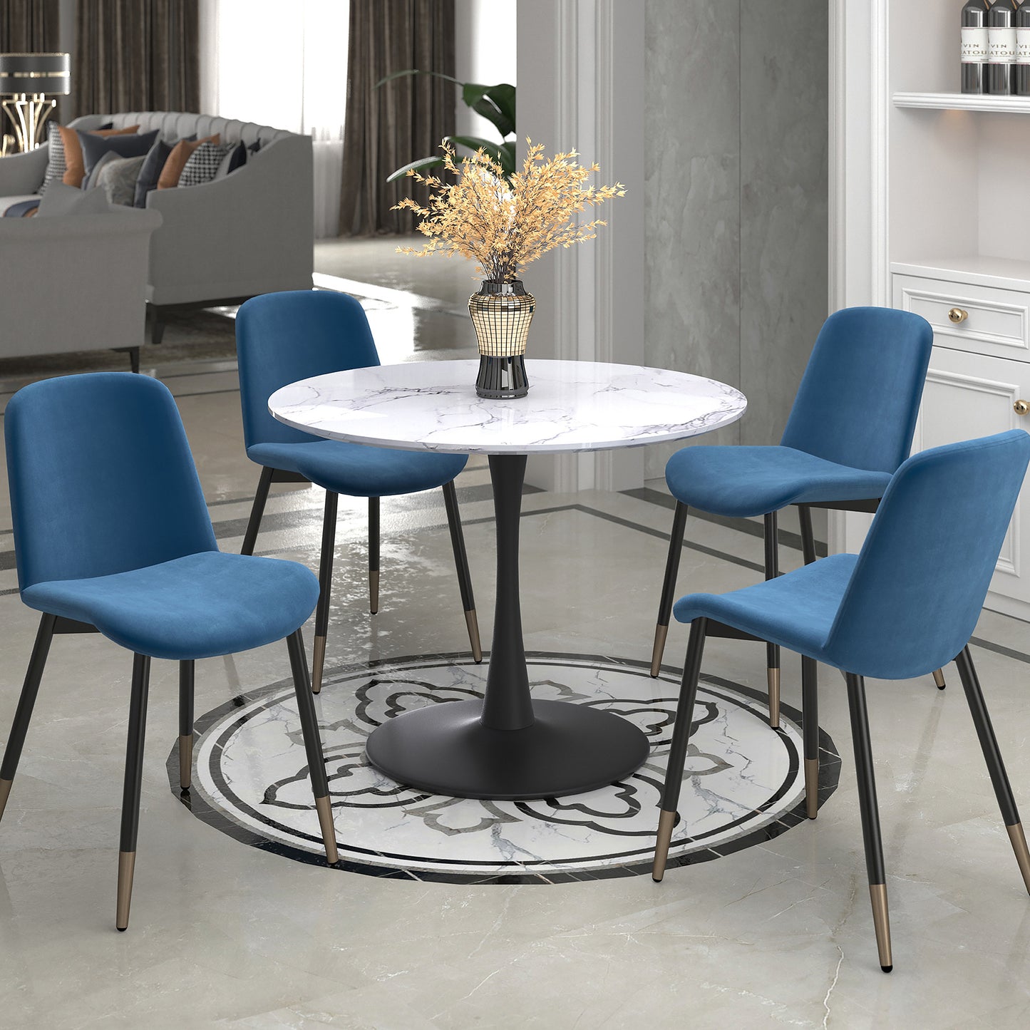 Zilo 40" Round Dining Table in White Faux Marble and Black