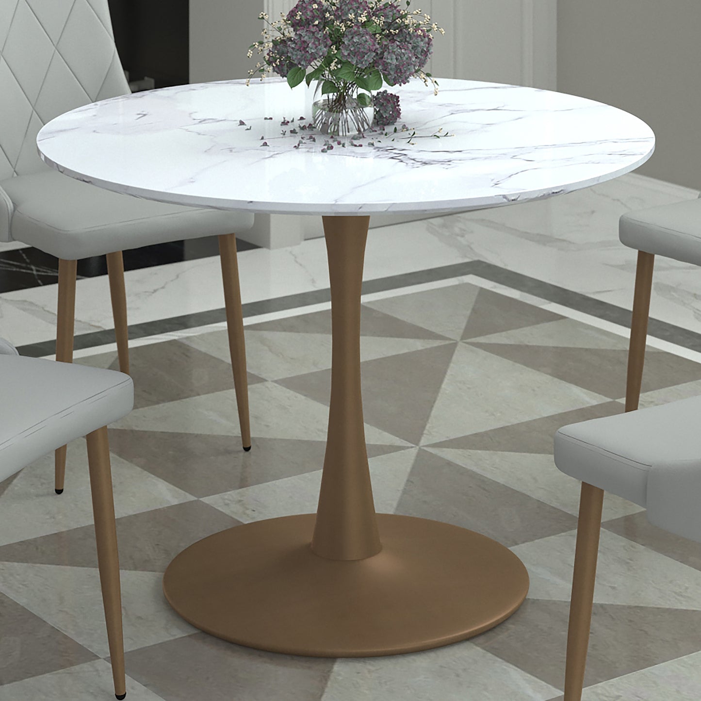 Zilo 40" Round Dining Table in White Faux Marble and Aged Gold