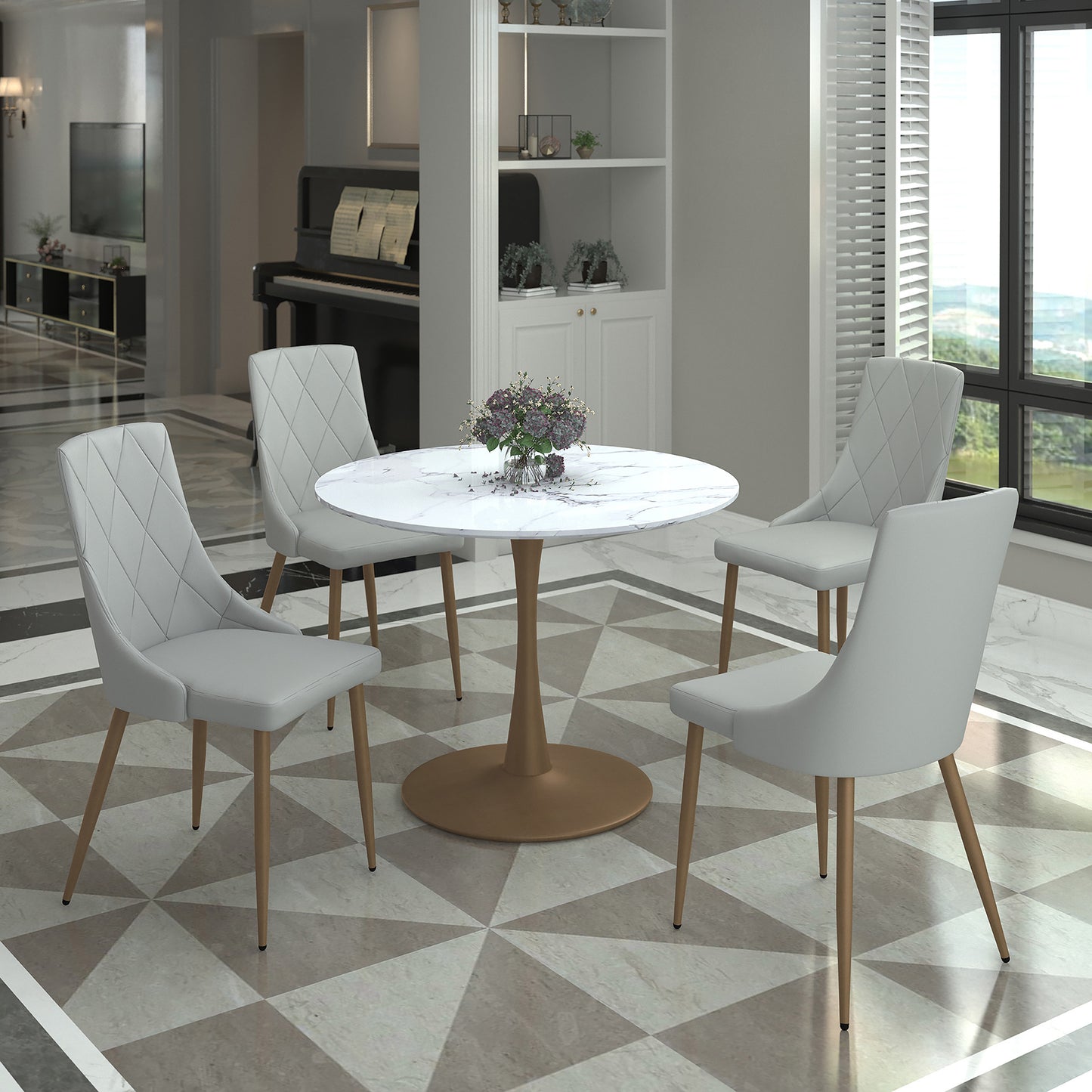 Zilo 40" Round Dining Table in White Faux Marble and Aged Gold