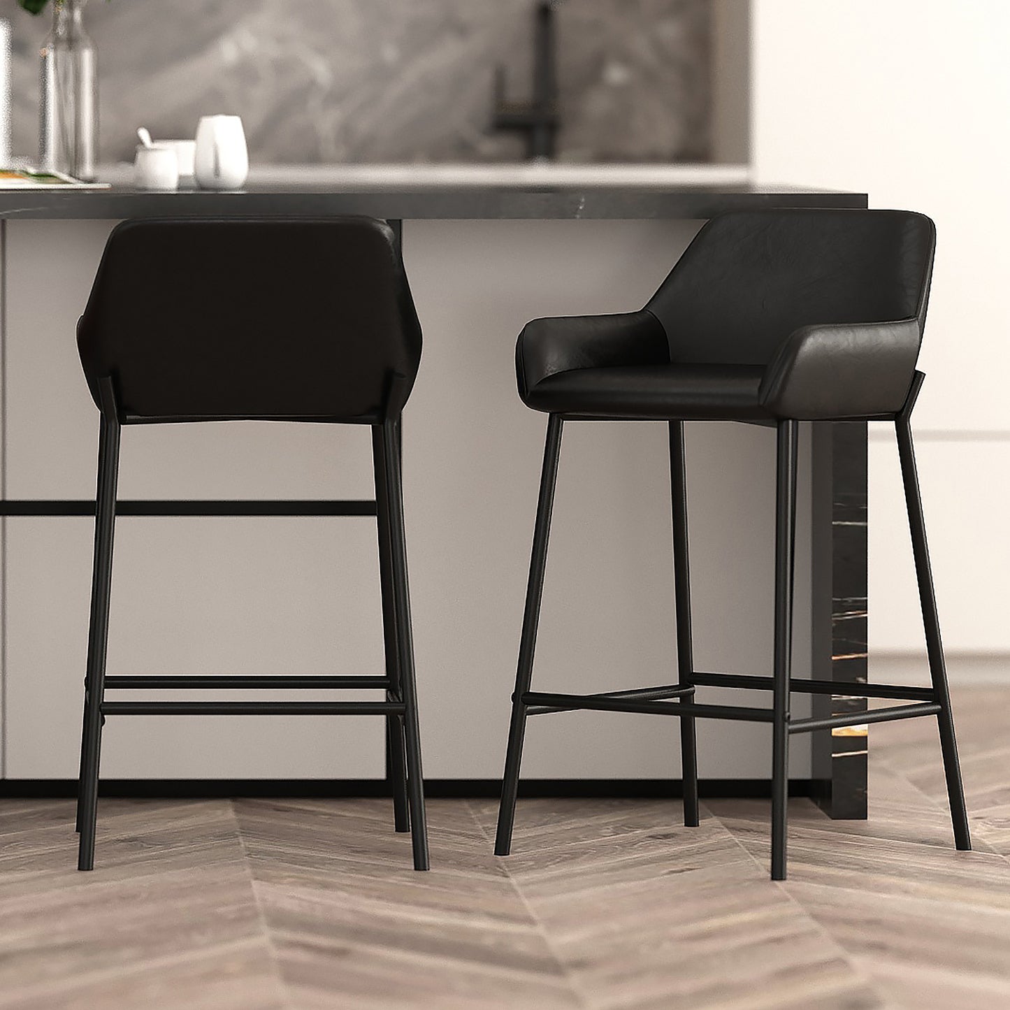 26" Counter Stool, PU, Set of 2 in Black