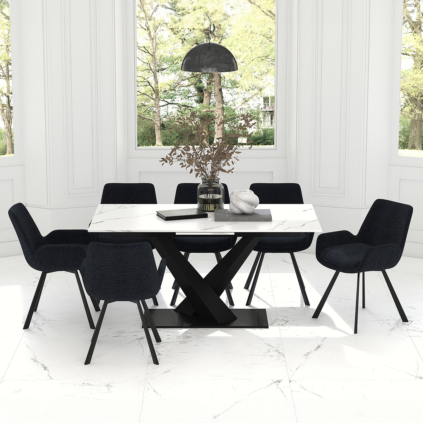 7pc Dining Set in White Table with Black Chair