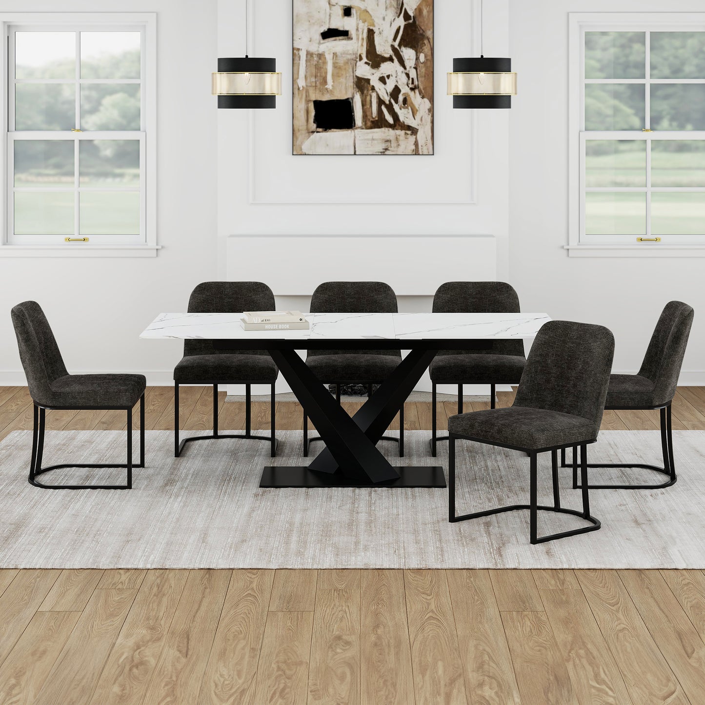 7pc Dining Set in White Table with Charcoal Chair