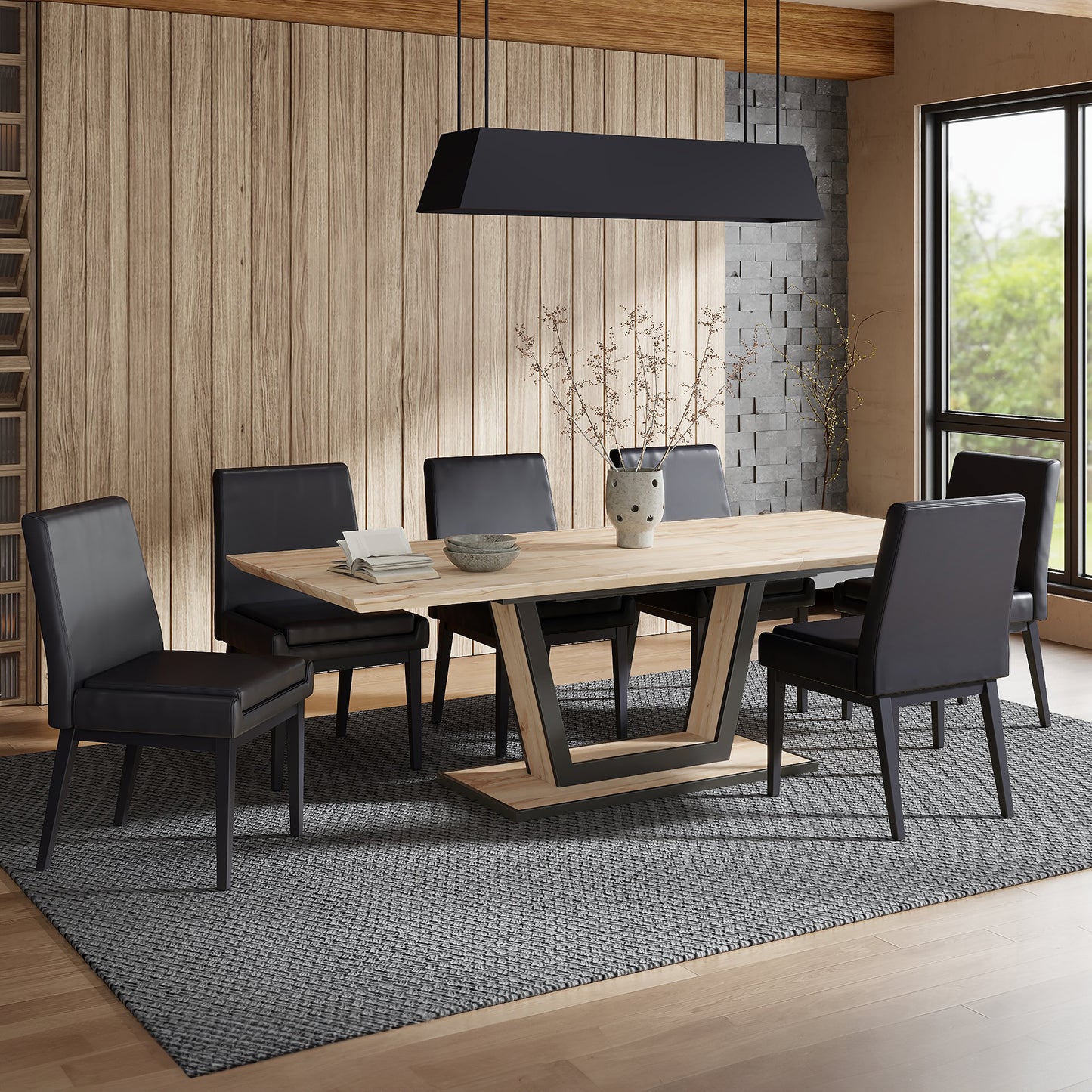 7pc Dining Set in Natural Table with Black Chair