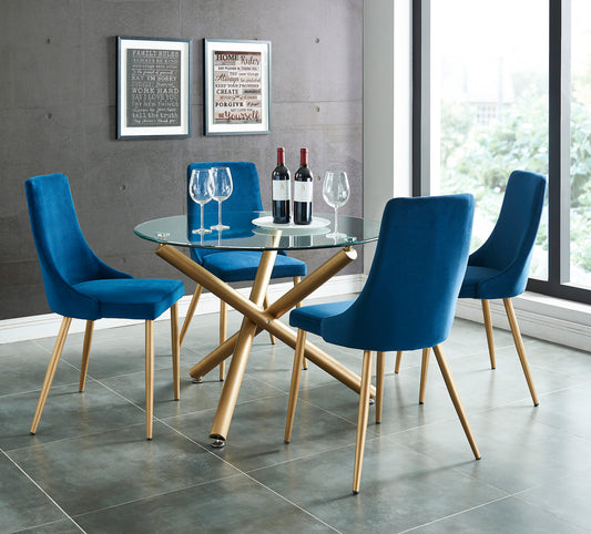 Carmilla 5pc Dining Set in Aged Gold with Blue Chair