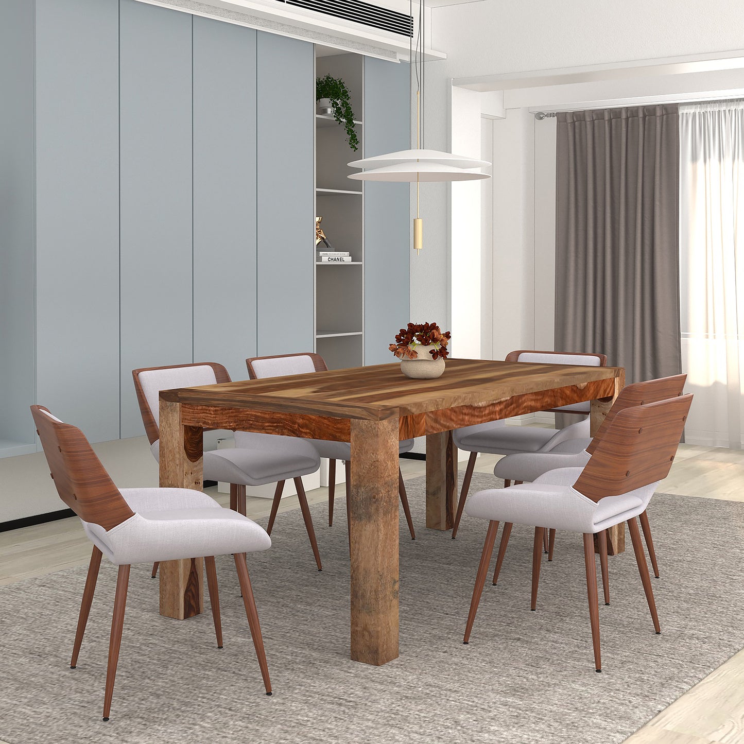 Krish/Hudson 7pc Dining Set in Sheesham with Grey Chair