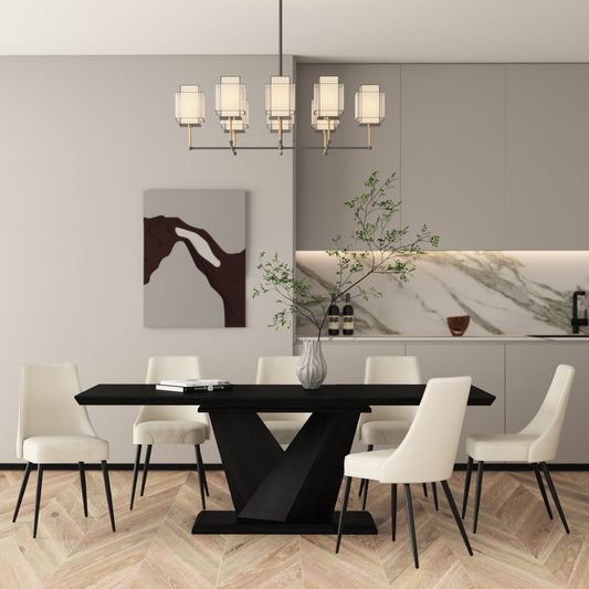 7pc Dining Set in Black Table with Beige Chair