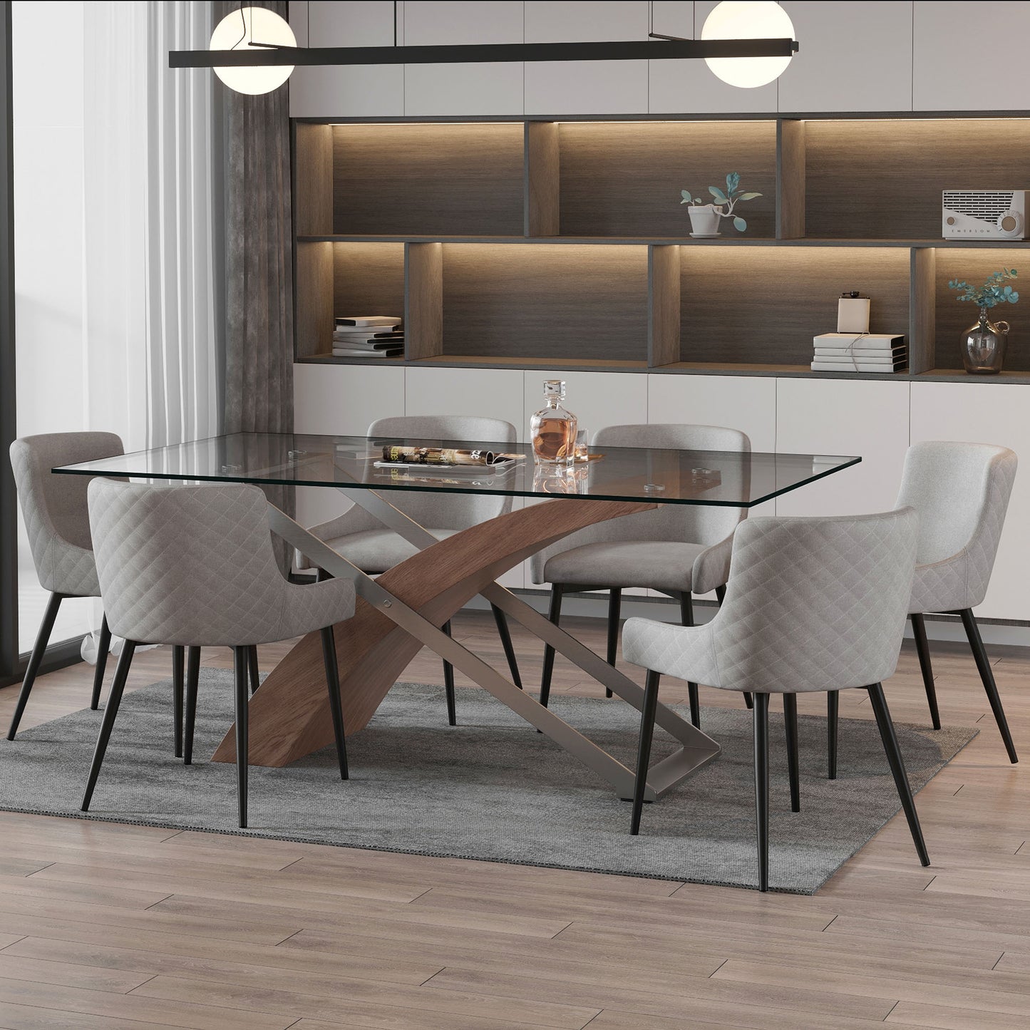 Veneta/Bianca 7pc Dining Set in Walnut with Black & Grey Chair