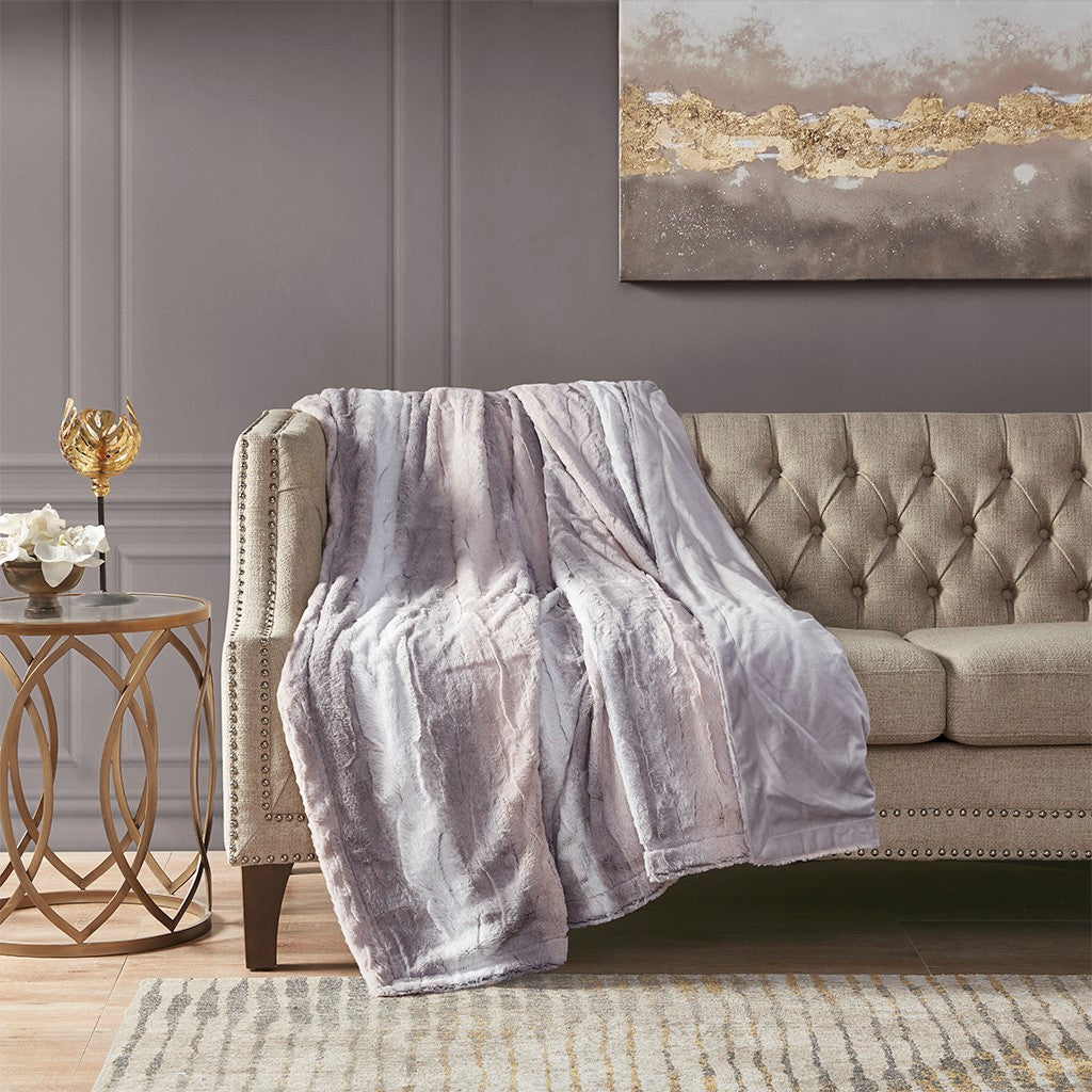 Oversized 60x70" Faux Fur Throw Blanket, Ombre Blush/Grey