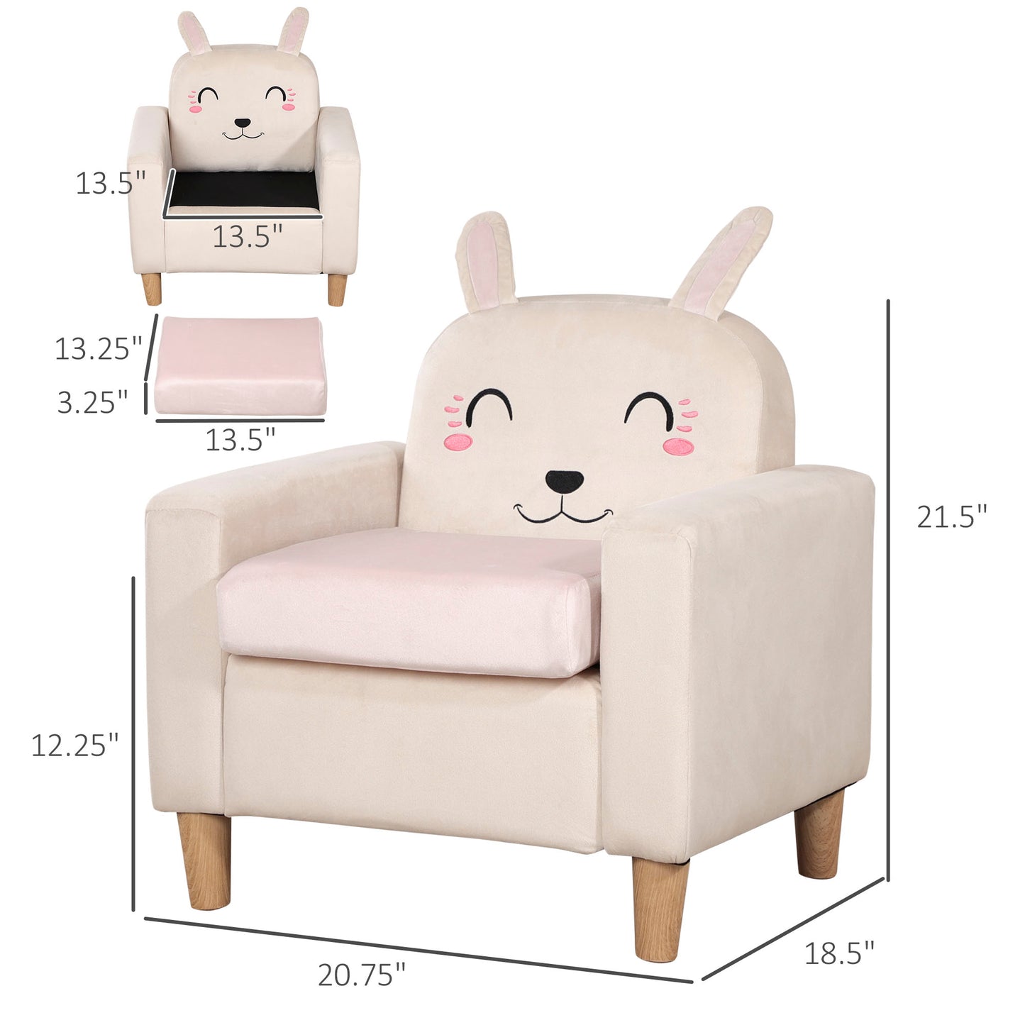 Qaba Kids Sofa, Toddler Armchair and Couch with Rabbit Ear Backrest and Wooden Legs for Preschool, Bedroom, Kindergarten, Cream