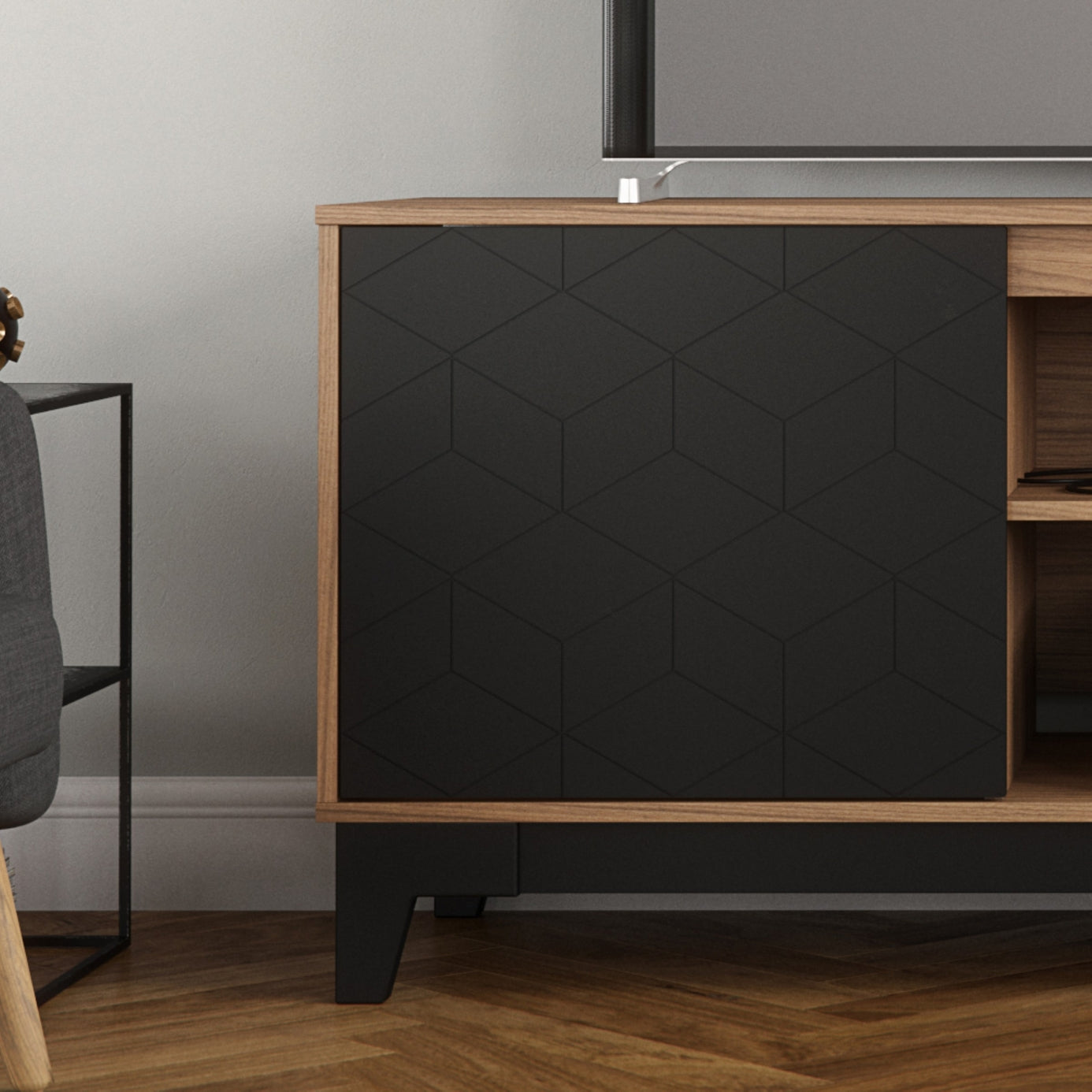 Hexagon Tv Stand, 72-inch, Nutmeg and Black