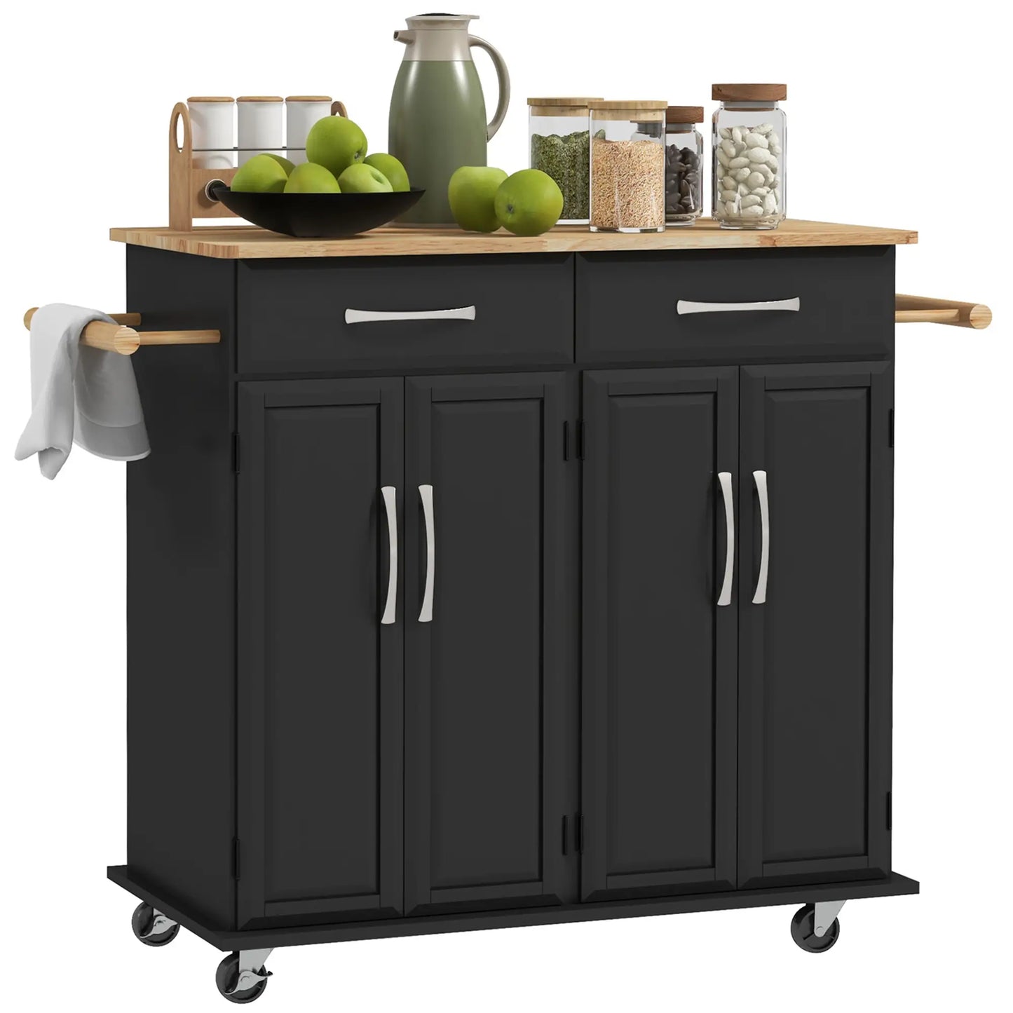 Kitchen Island on Wheels with Rubberwood Top, with 2 Drawers, 4 Doors and Adjustable Shelves