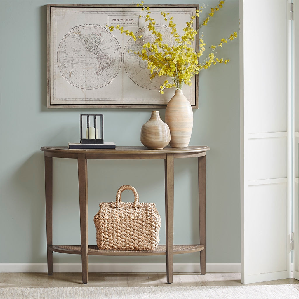 Traditional Half-Moon Wood Console Table with Cane Bottom