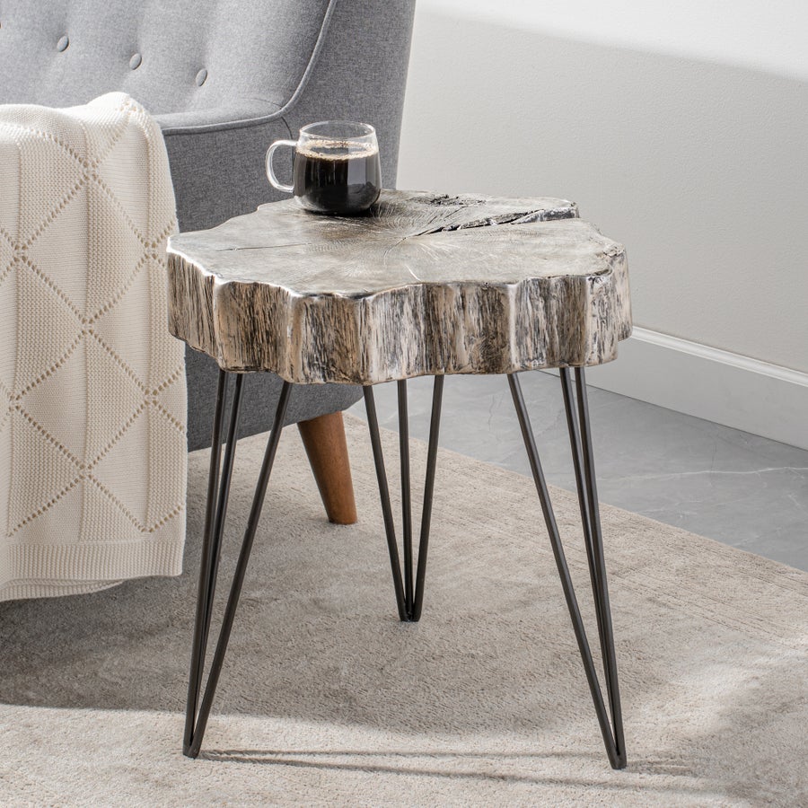 Tripod Faux Wood Top Silver 21h" Side Table