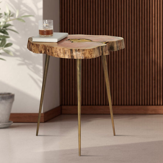 Petra Acacia Wood Molten Brass Inlay 22h" Side Table - Natural