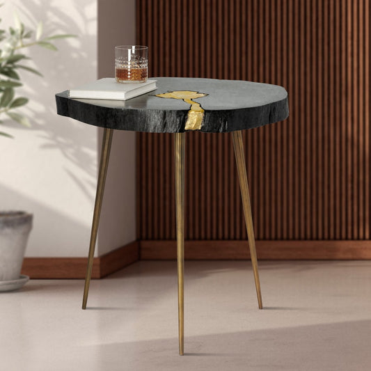 Petra Acacia Wood Molten Brass Inlay 22h" Side Table - Black